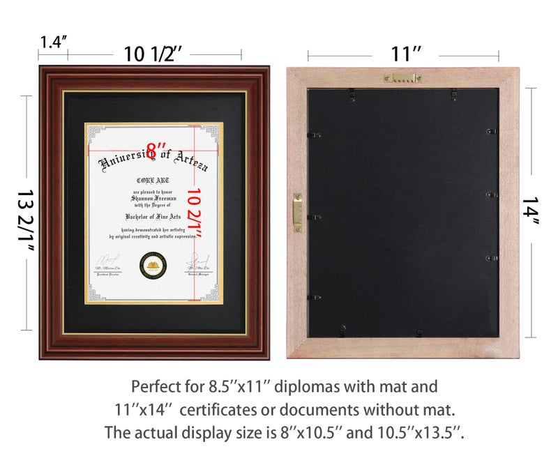 CORE ART Diploma Frame, 8.5x11 Inch with Double Mat or 11x14 Inch Without Mat Display for Document Frame, Natural Solid Wood Certificate Frame with Golden Rim, Semi-Tempered Glass Panel. - Image 4